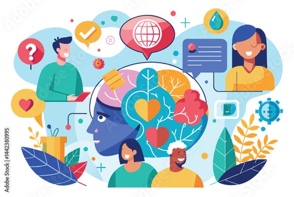Fototapeta Colorful illustration depicting teamwork and creative collaboration with diverse individuals. Includes elements representing communication, innovation, and emotional intelligence in a vibrant style.