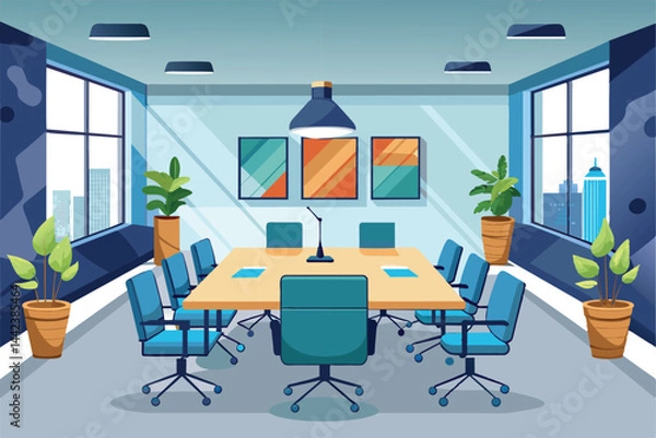 Fototapeta Illustration of a contemporary conference room featuring blue chairs, a central table, large windows, and potted plants, creating a bright and professional office atmosphere.