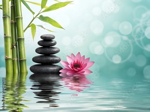 Fototapeta Zen stones and bamboo create a spa still life, embodying green wellness and natural harmony