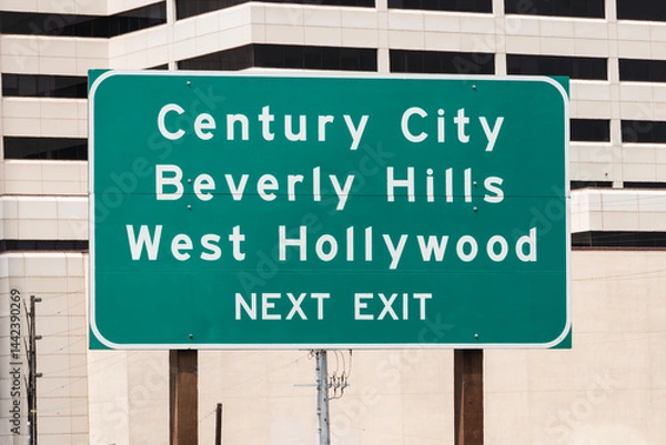 Fototapeta Century City, Beverly Hills and West Hollywood next exit sign on the 405 freeway in Los Angeles California.  