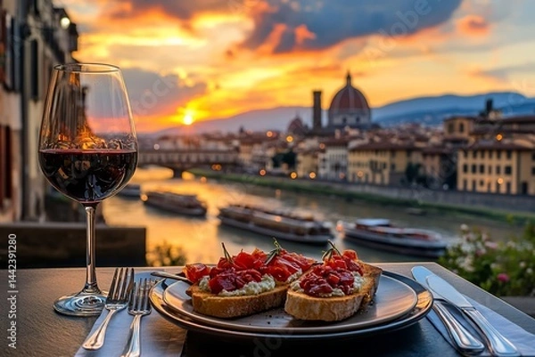Obraz Romantic sunset dinner in Florence, Italy, featuring red wine and bruschetta overlooking the Arno River and Ponte Vecchio.