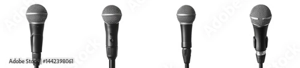 Fototapeta Set of Four Metal Microphones in Various Positions on Transparent Background