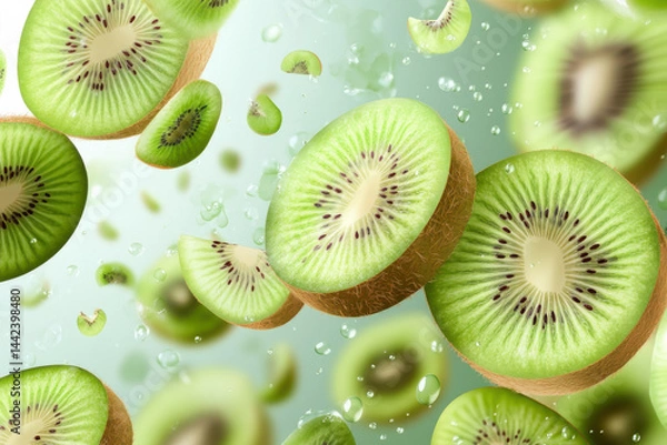 Fototapeta Fresh kiwi slices splashing into clear water with bubbles