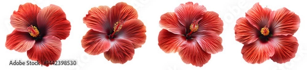 Fototapeta Set of Four Red Hibiscus Flowers Isolated on Transparent Background, Floral Elements