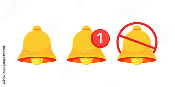 Fototapeta Notification bells showing different status, inactive, active with one notification, and silenced