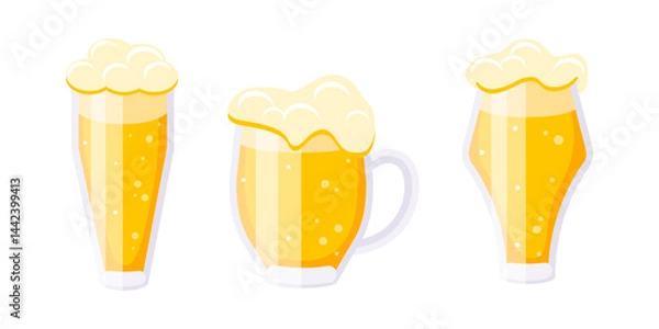 Obraz Three glasses of refreshing beer with overflowing foam are showing different shapes and sizes