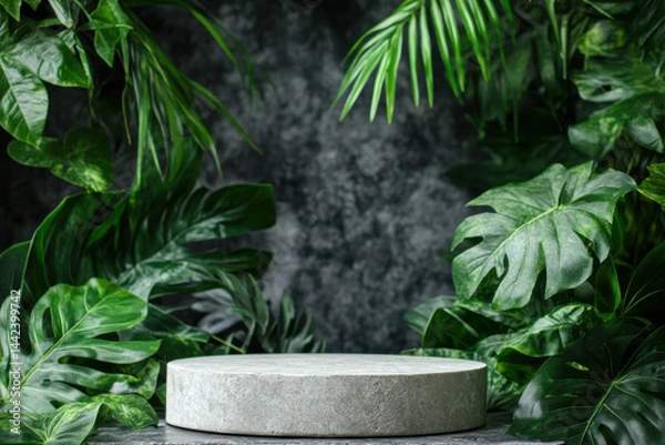Fototapeta Empty round concrete podium surrounded by monstera and palm leaves creating a tropical atmosphere