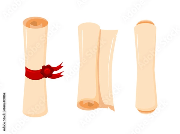 Obraz Set of ancient paper scrolls tied with red ribbons and sealed with wax