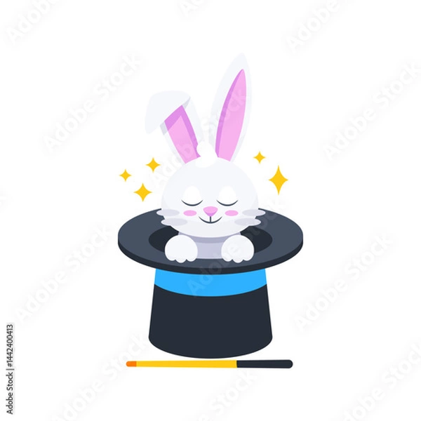 Obraz White rabbit appearing from magician top hat with magic wand and sparkles