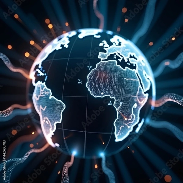 Fototapeta Telecommunication Infrastructure: “A close-up of fiber-optic cables forming a globe, with sparks of light pulsing along strands.
