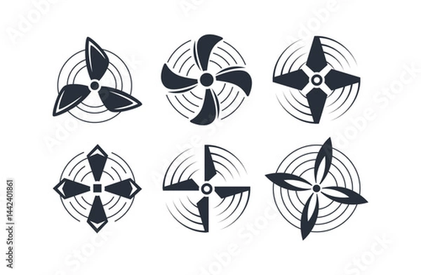 Obraz Six black stylized propellers rotating and creating circular waves