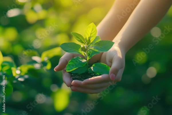Fototapeta Farmer holding small sprout growing in soil with sunlight in background