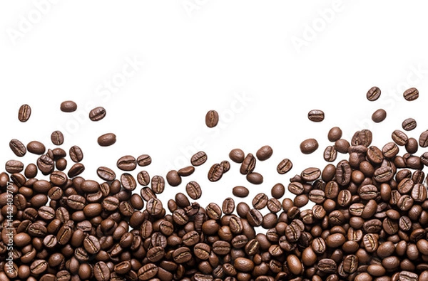 Fototapeta Top View of Coffee Beans Pile, Isolated on Transparent Background, Flat Lay PNG Image in High Resolution