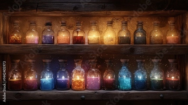 Fototapeta A mystical collection of magical potion bottles glowing on wooden shelves in a dimly lit room, creating an enchanting atmosphere.