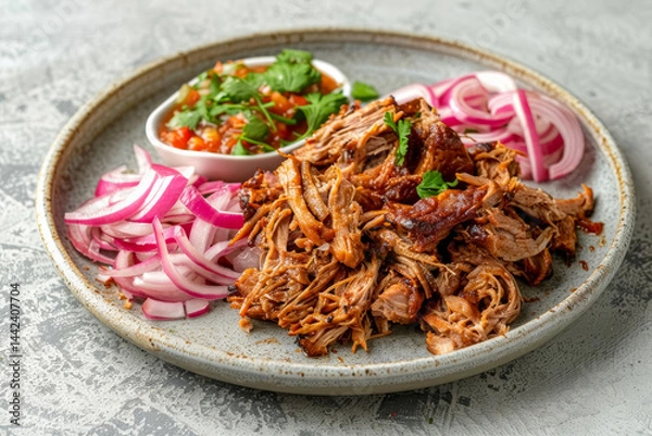 Obraz Delicious slow-cooked pulled meat mexican cochinita pibil served with red onion and sauce on grey plate