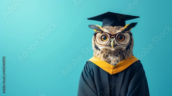 Obraz Owl professor in graduation cap and gown wearing glasses with serious look isolated on blue background with copy space