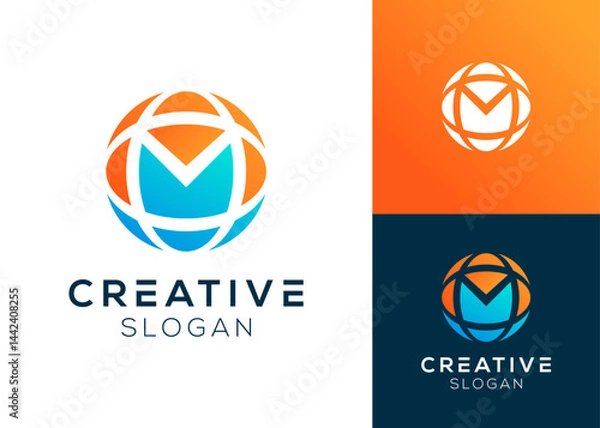 Fototapeta Letter M abstract with modern globe logo design for technology
