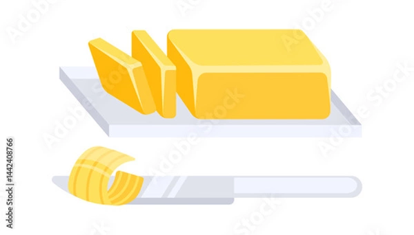Fototapeta Butter curl on knife and whole stick with slices on cutting board