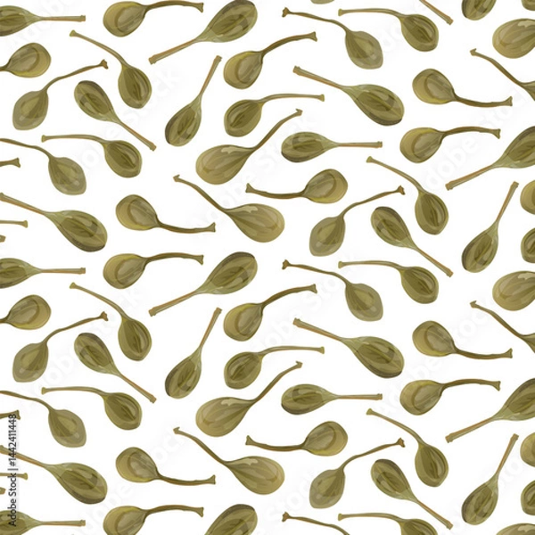 Fototapeta Seamless pattern Green Pickled Buds, Capers. This botanical design is perfect for culinary, food packaging, Mediterranean cuisine, herbal products, and natural health themes