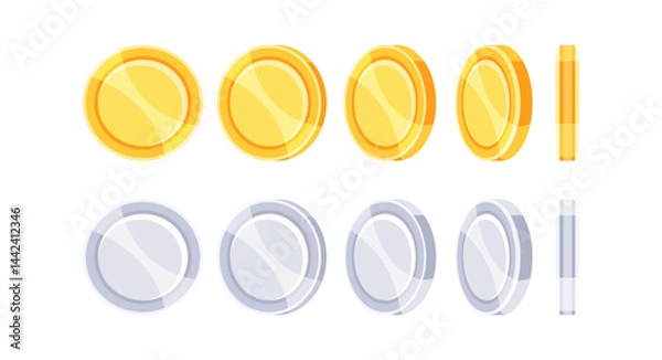 Fototapeta Gold and silver coins rotating sprite sheet for game development