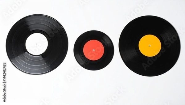 Fototapeta vinyl records of various sizes and colorful center labels, offering a visual representation of music history and classic sound