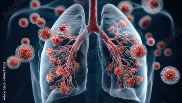 Fototapeta A digital illustration of human lungs being attacked by viruses, representing respiratory infection and disease.