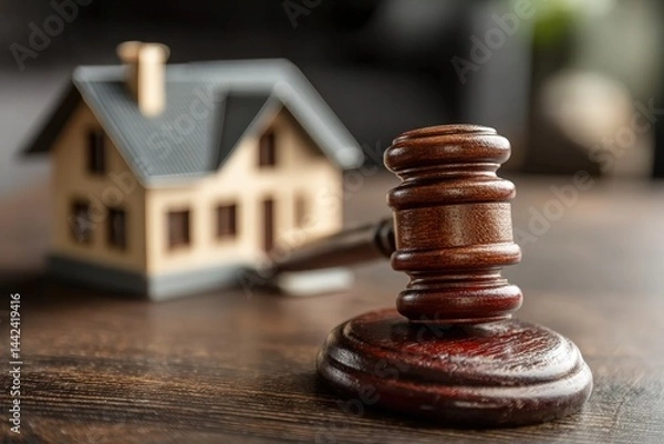 Fototapeta A wooden gavel rests on a table with a model house blurred in the background, symbolizing real estate law or property auction.