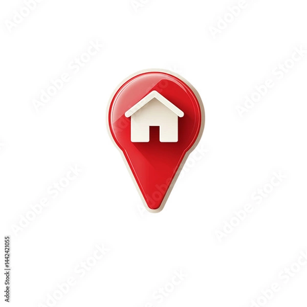 Fototapeta Map with a red pin marker pointing at a home icon, vector illustration on a transparent background