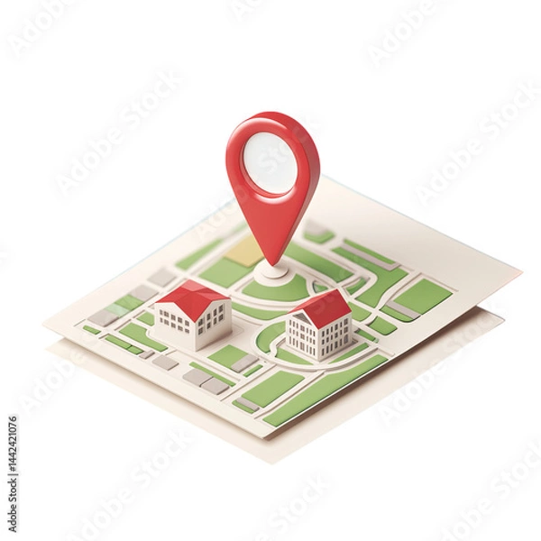 Fototapeta Map with a red pin point and house icon on a transparent background