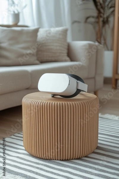 Obraz A white VR headset sits on a stump coffee table in an open-plan living room that features a gray sofa