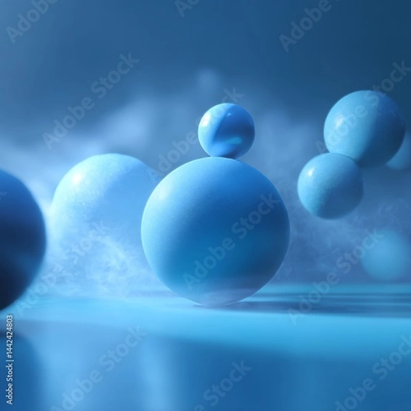 Fototapeta Floating blue spheres dance in a soft mist, creating a surreal atmosphere of tranquility and wonder