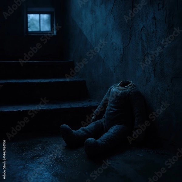 Fototapeta Creepy abandoned headless doll sitting in dark corner, moody and scary horror scene