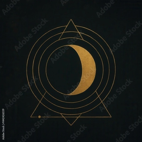 Fototapeta Minimalist golden crescent moon with sacred geometry shapes on black background