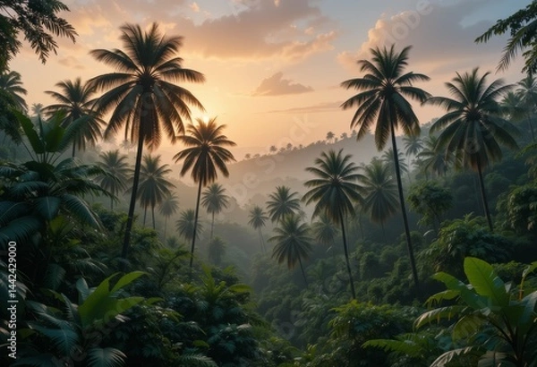 Fototapeta Serene jungle landscape with towering palms at daybreak.