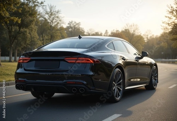 Fototapeta Side back view of a sleek black car for automotive transfer.