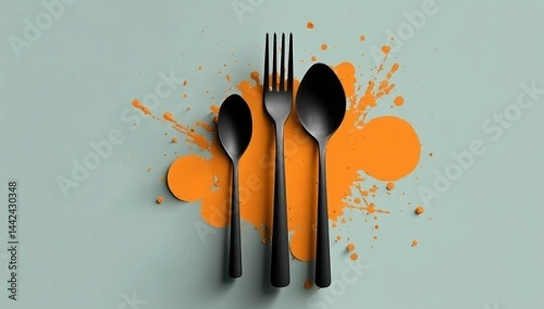 Fototapeta Black cutlery set on a light background with an orange paint splash underneath.