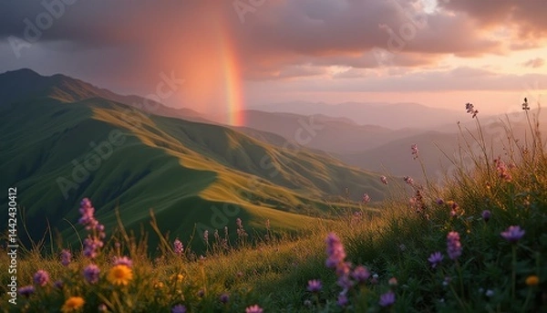 Fototapeta Serene Mountain Meadow with Rainbow and Wildflowers at Sunset