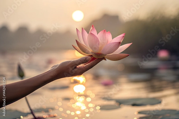 Obraz Lotus Flower in Hand with Sunset Reflection
