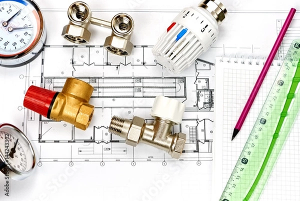 Fototapeta Engineering heating. Concept Heating. Project of heating for house.