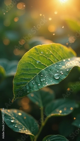 Obraz Leaf in morning dew: A fresh green leaf covered in glistening water droplets, backlit by the sun, with a bokeh effect.