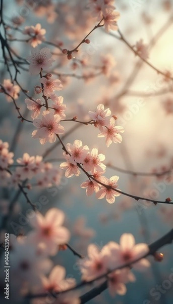 Obraz Blossoming Spring: Delicate Cherry Flowers in Warm Sunlight with Soft Focus and Dreamy Pastel Colors