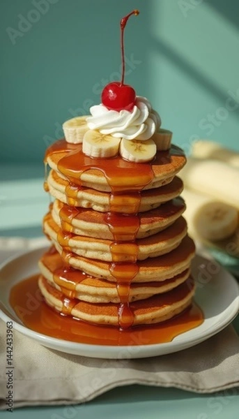 Fototapeta Stack of Golden Pancakes with Syrup, Banana Slices, Whipped Cream and Cherry