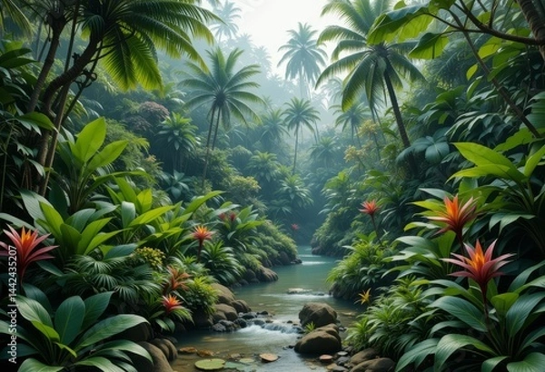 Fototapeta Tropical oasis with diverse flora and being far removed from hustle.