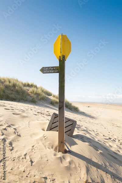 Obraz Wooden signpost to car park on the deserted sandy beach at Formby, Merseyside, England,UK