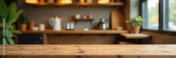 Fototapeta Clean wooden tabletop, bokeh cafe backdrop Ideal for showcasing products , simple, promotion