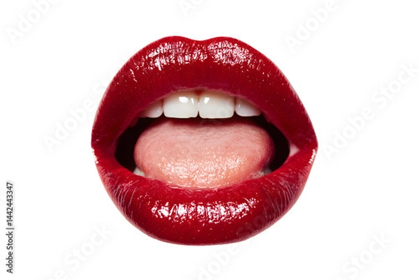 Obraz Sinnliche rote Lippen mit herausgestreckter Zunge auf weißem Hintergrund
