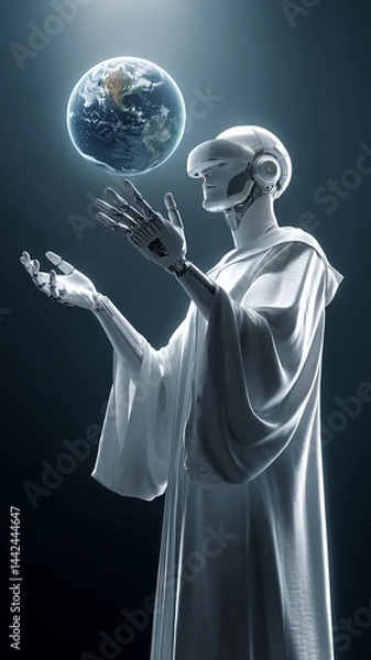 Fototapeta A holographic-style photo of an artificial intelligence robot holding the Earth in its hand. In the foreground is a faceless humanoid robot wearing a silver robe. It has two arms outstretched, indicat