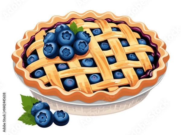 Fototapeta A blueberry pie with a blueberry on top. The pie is in a white plate. The pie is delicious and looks very appetizing