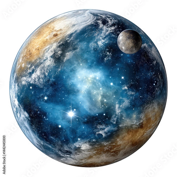 Fototapeta A celestial body displays swirling colors with a moon against white space.