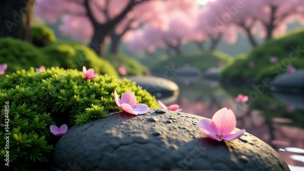 Obraz Ephemeral Cascade: Sakura Petals Falling on Mossy Stones